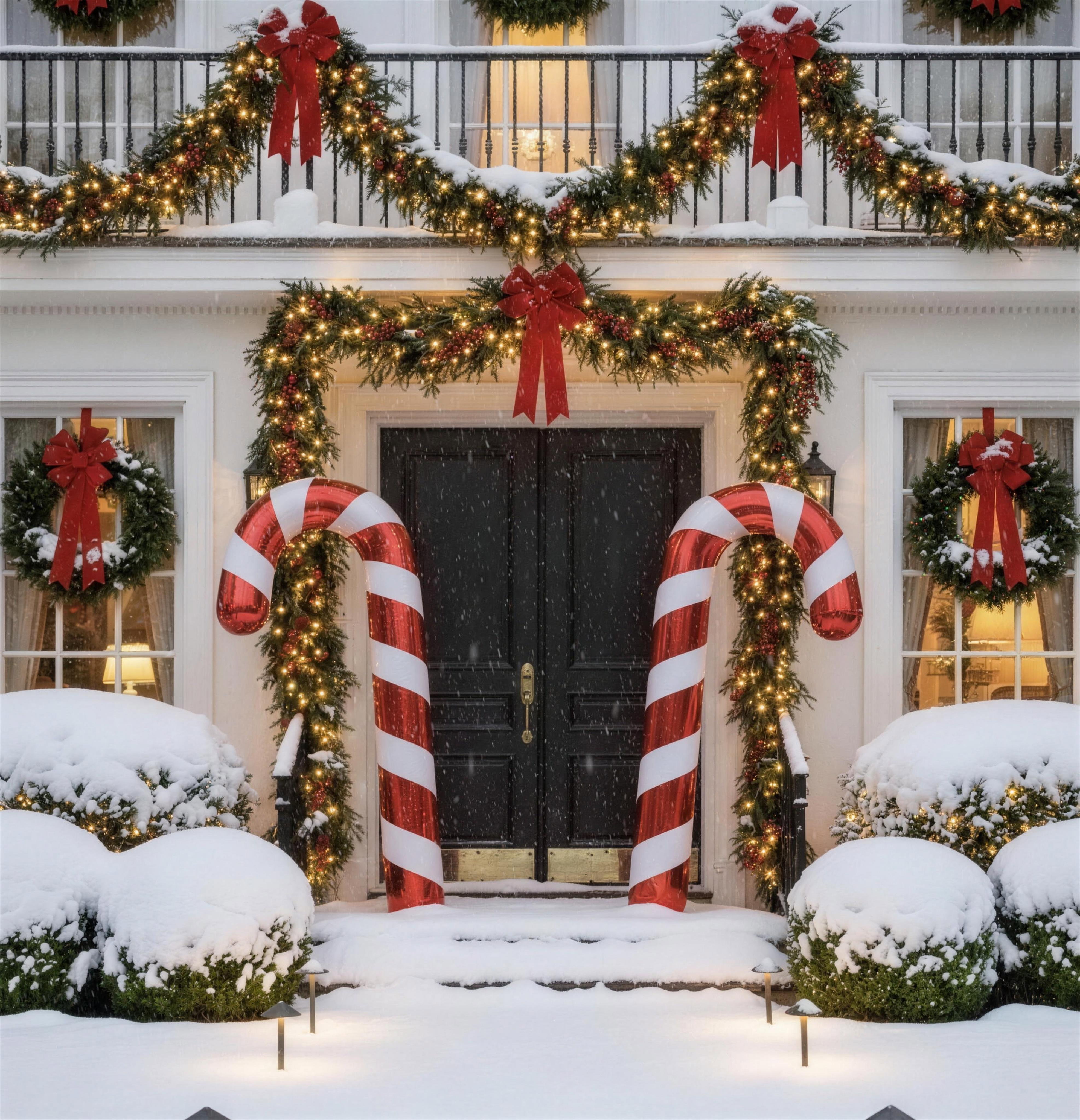 Two giant red and white chrome candy canes flanking a black front door with lit garland and wreaths in the snow
