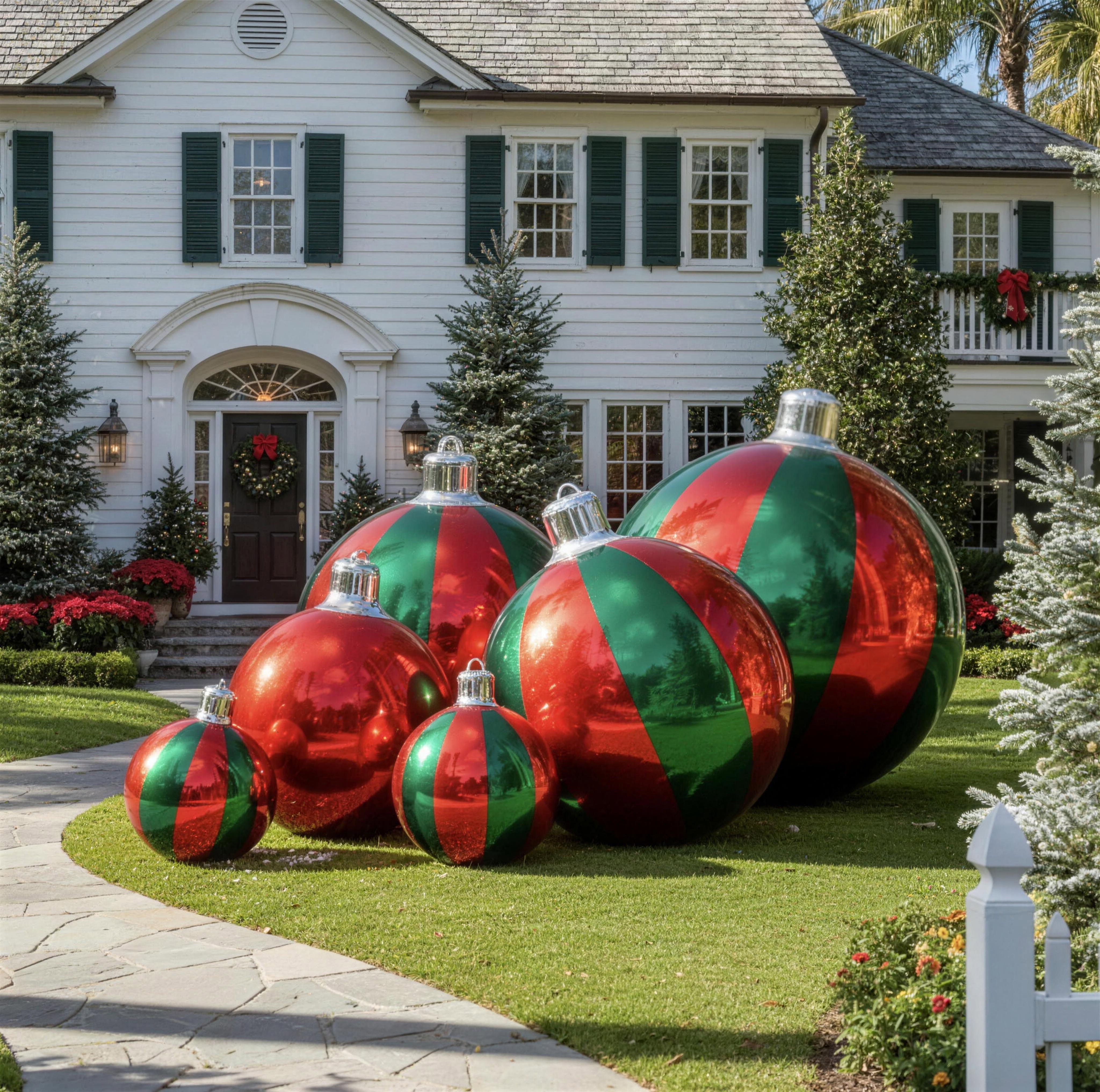Giant red and green striped chrome ornaments on the front lawn of a white colonial house