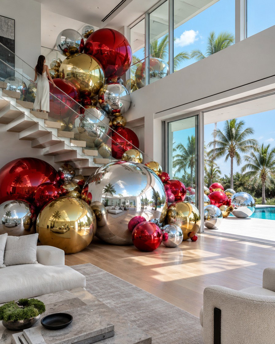 Giant red, gold and silver chrome balls cascading down a floating staircase in a bright modern villa, with more balls by the pool outside