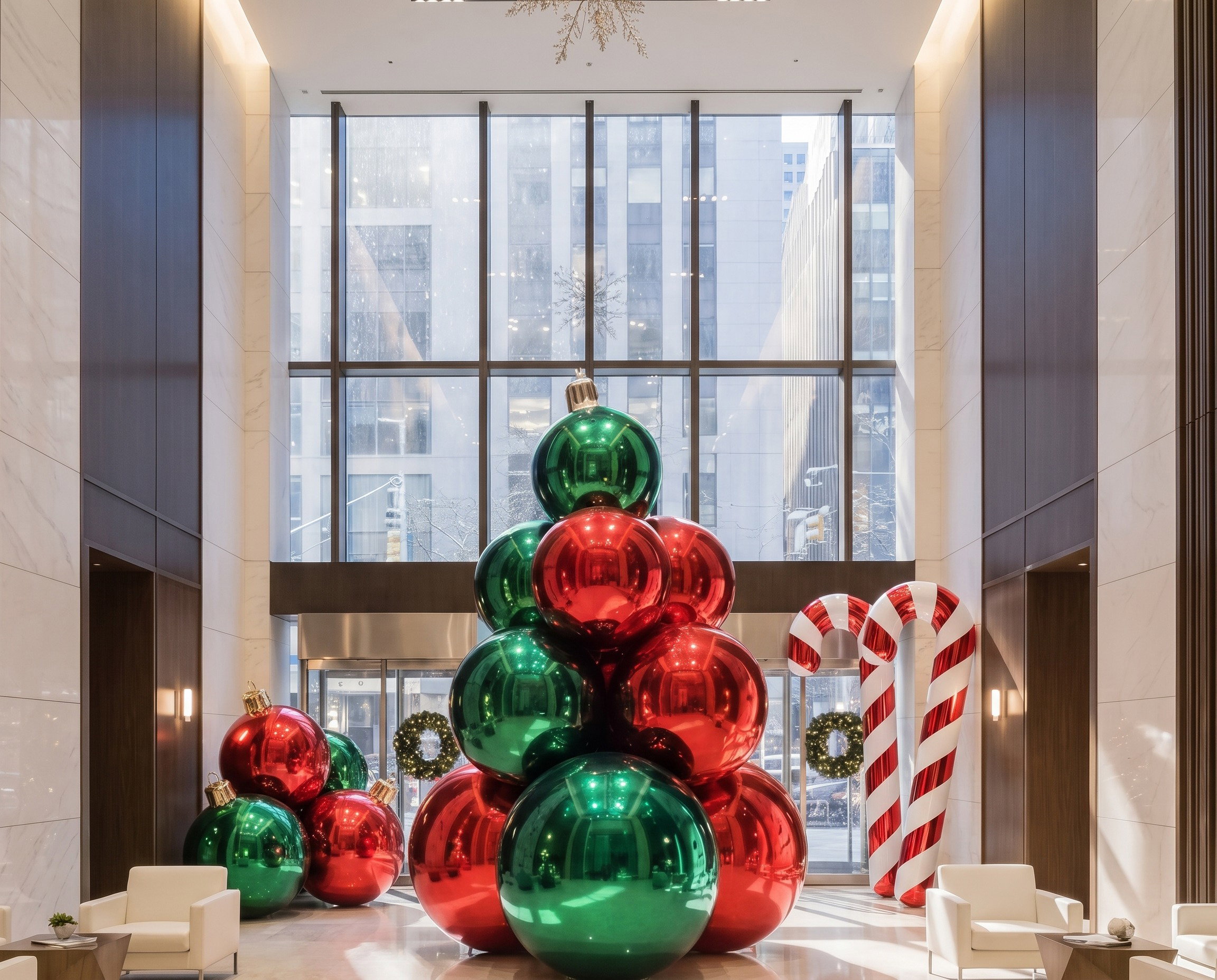 Red and green chrome ball Christmas tree in a grand office lobby, with giant ornaments to one side and two giant candy canes by the entrance