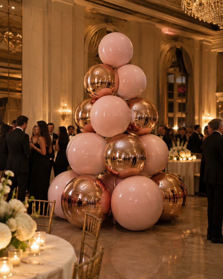 Tree of giant blush pink and rose gold chrome balls in a candlelit ballroom during an evening gala