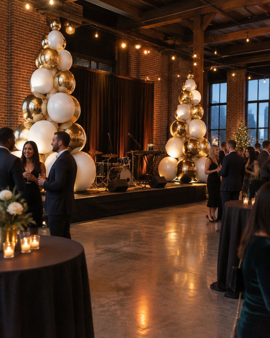 Two towers of giant gold and white chrome balls beside a stage at an evening event in a brick warehouse venue
