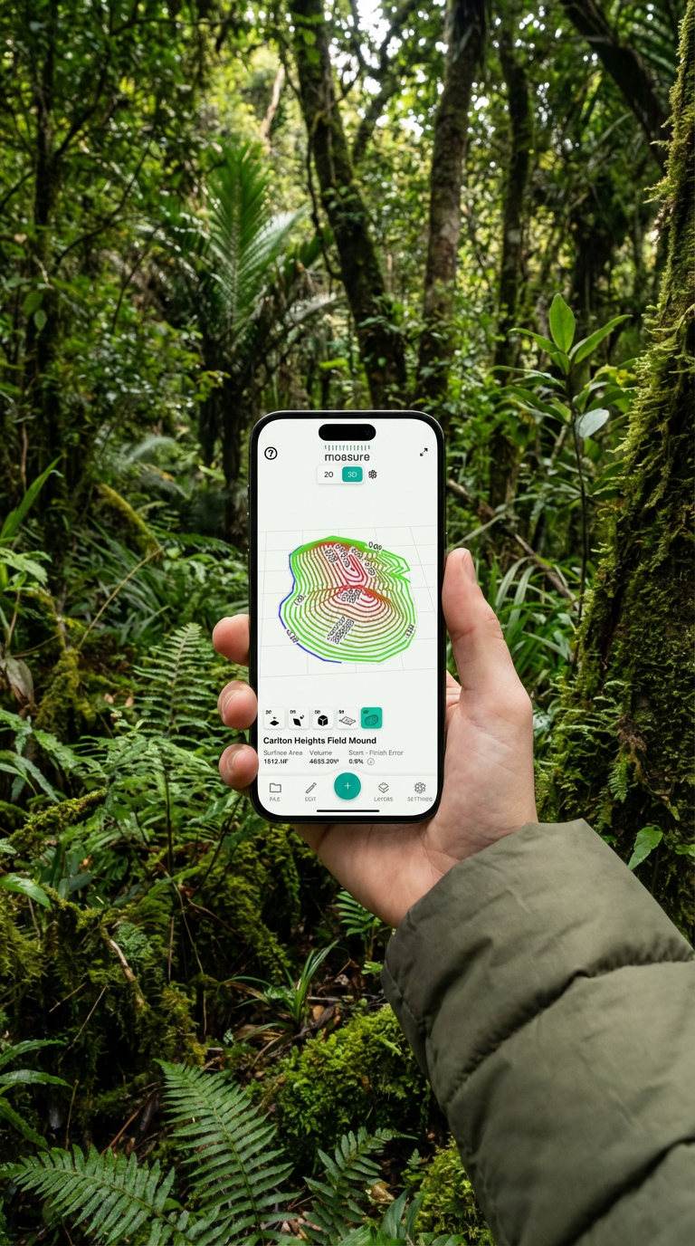 Hand holding phone displaying 3D contour map of a mound in a dense forest environment