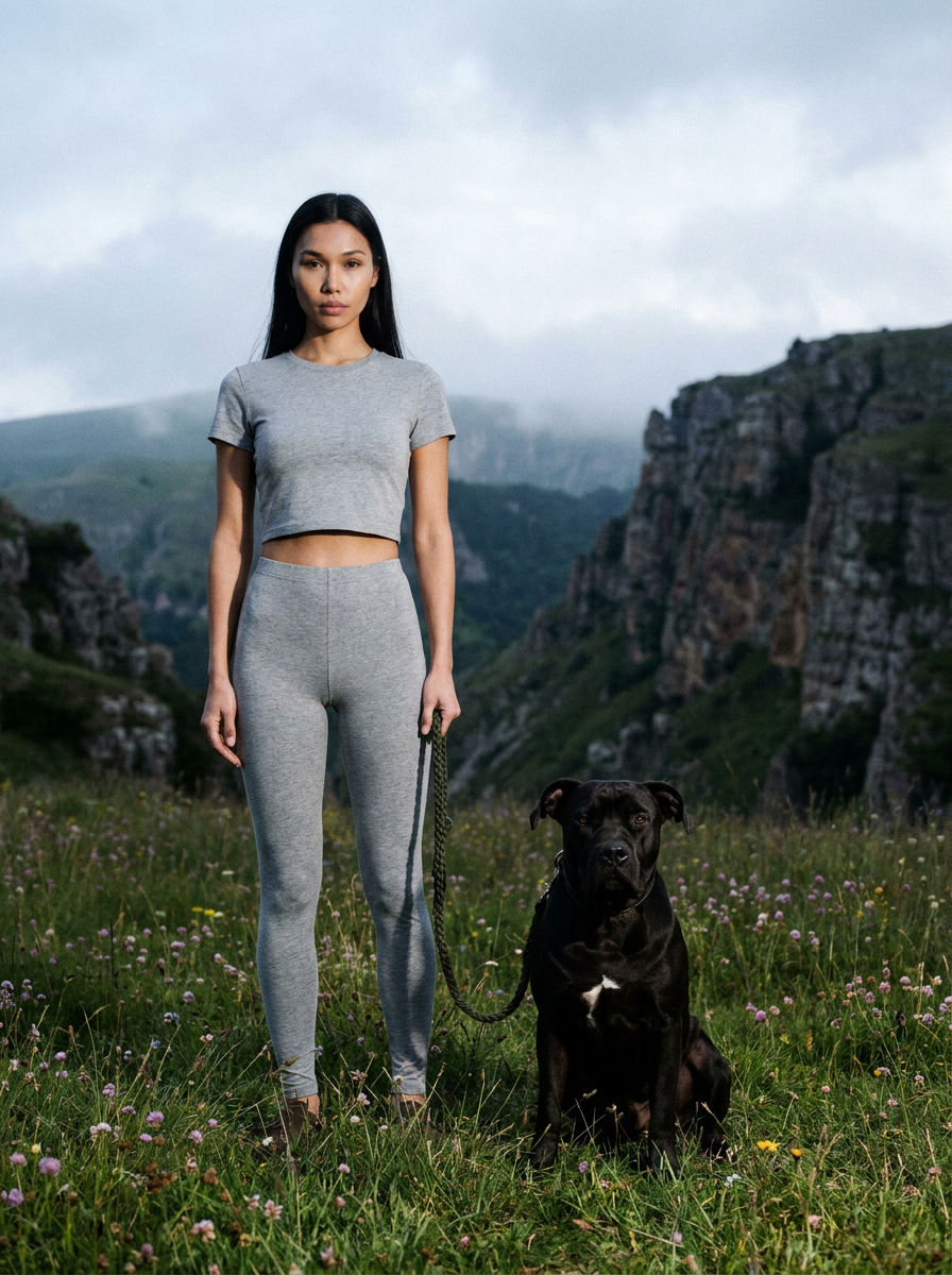 Young woman in gray outfit holding a black dog on a leash in a grassy mountainous area