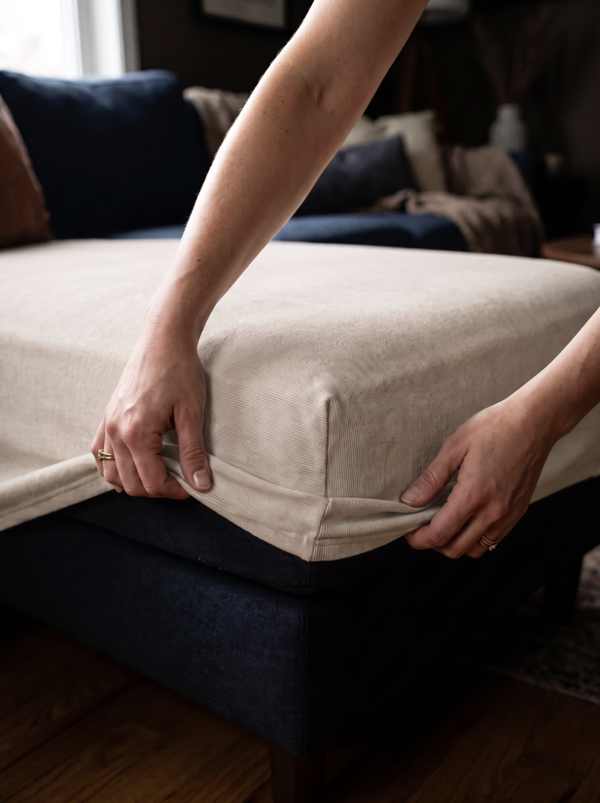 Hands stretching a Performance+ cover over a seat cushion