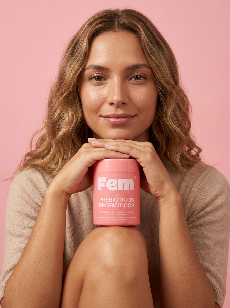 Smiling woman with wavy hair holding a pink bottle labeled Fem with prebiotics and probiotics
