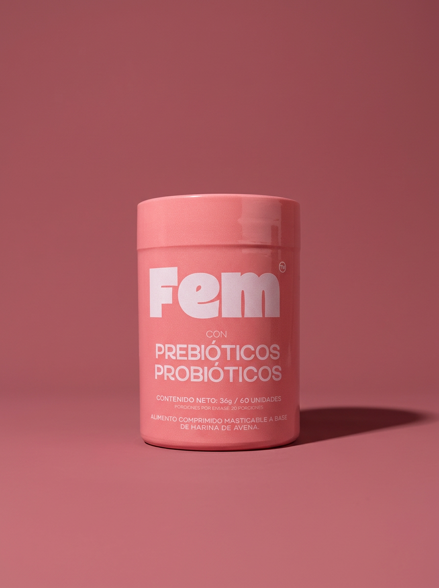 Pink container labeled Fem with prebiotics and probiotics on a matching pink background