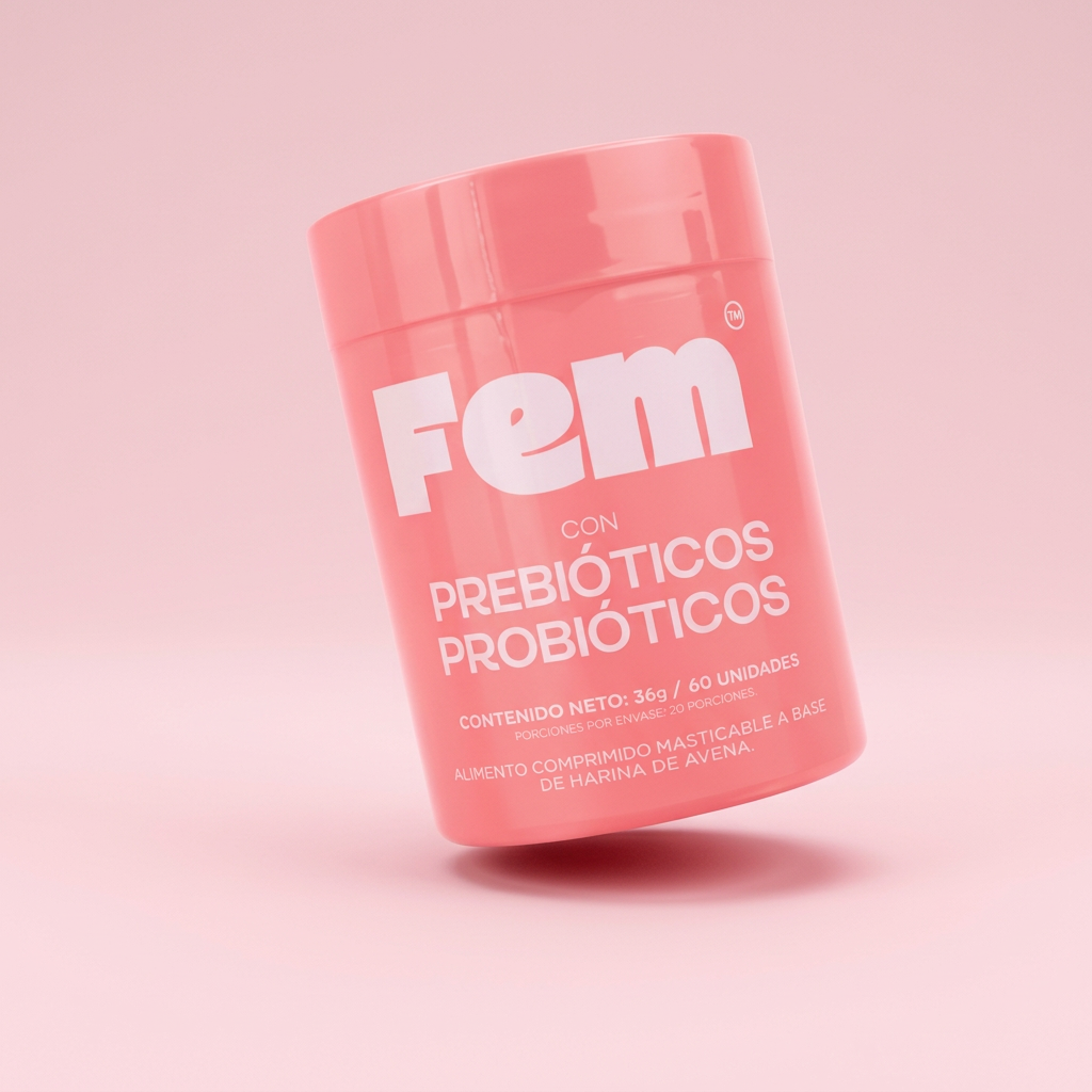 Pink container labeled Fem with prebiotics and probiotics text on a pink background