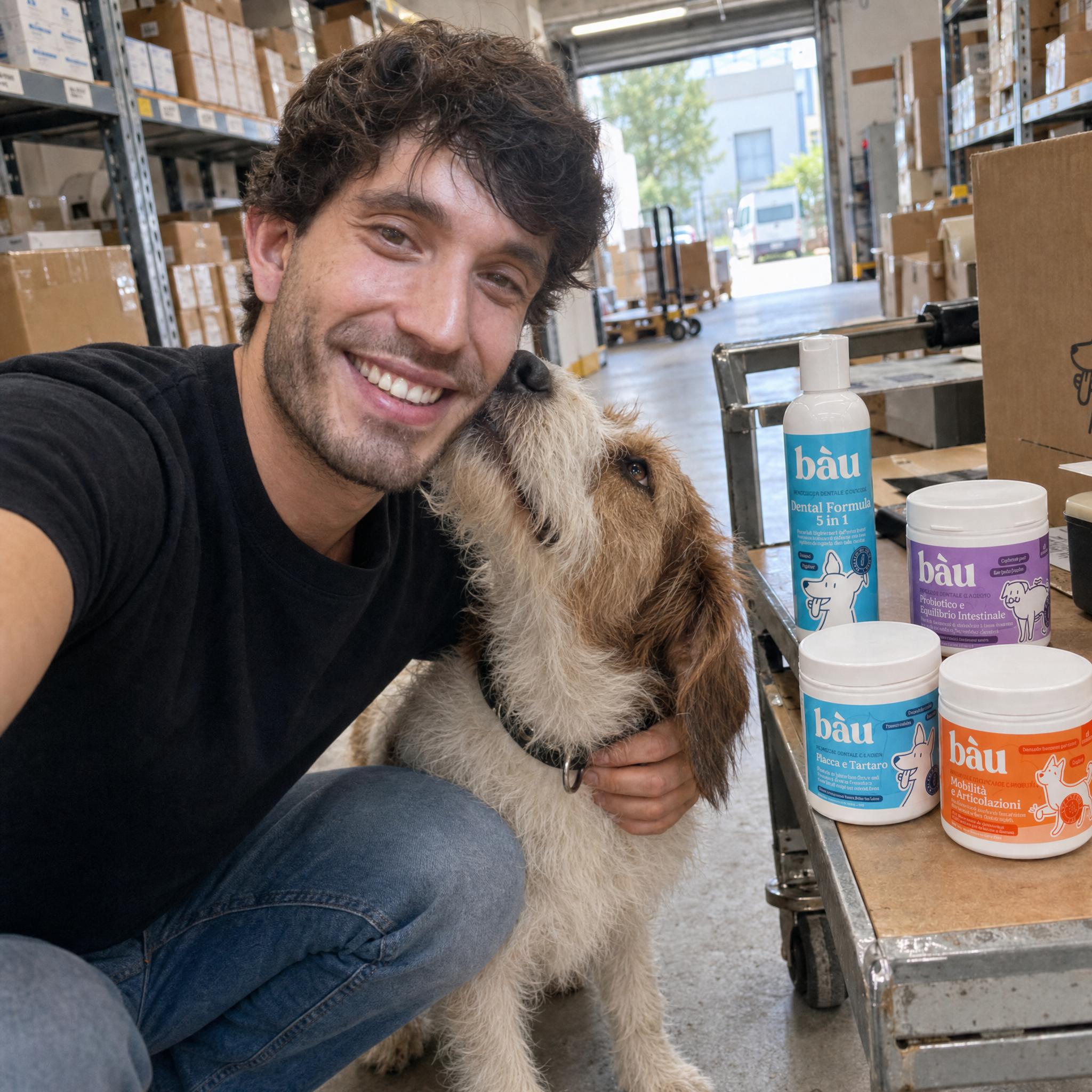 Un membro del team Bàu nel magazzino italiano, accanto ai flaconi di Dental Formula 5 in 1 e agli altri prodotti Bàu pronti per la spedizione