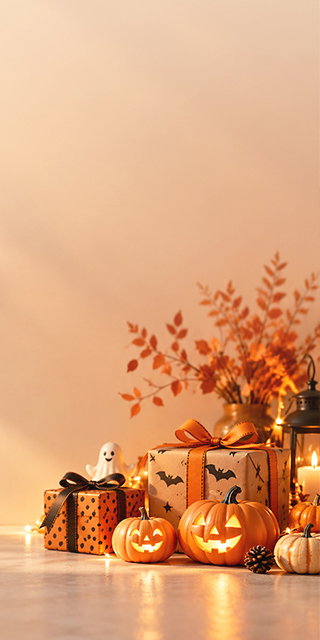 Halloween gift boxes wrapped in bat and polka-dot paper with glowing jack-o'-lanterns, a little ghost and autumn leaves on a warm peach backdrop
