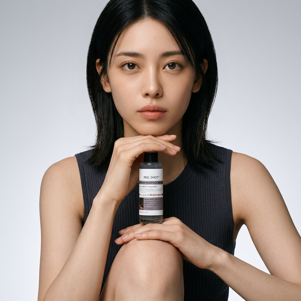 Woman with a neutral expression holding a bottle labeled 'PEEL SHOT' near her knee