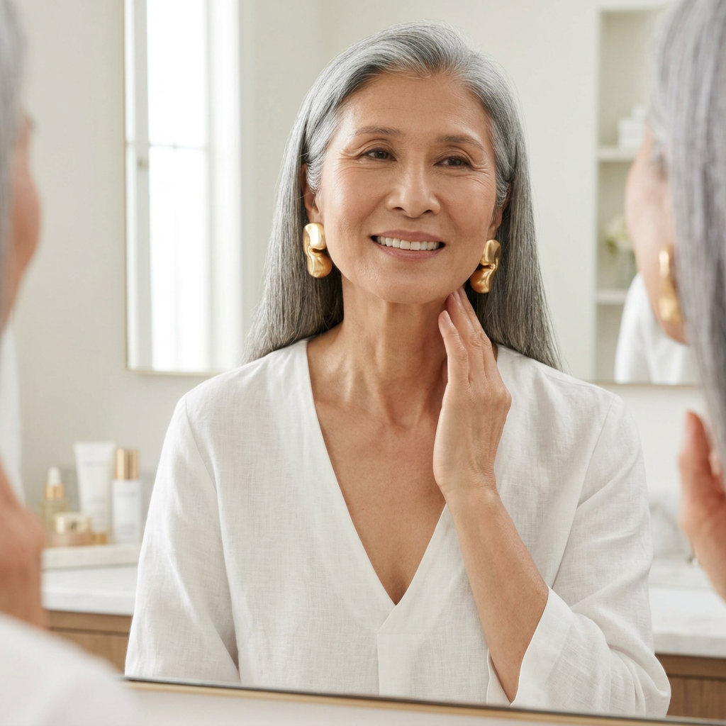 Middle-aged woman with gray hair and large earrings smiling while looking at herself in a mirror