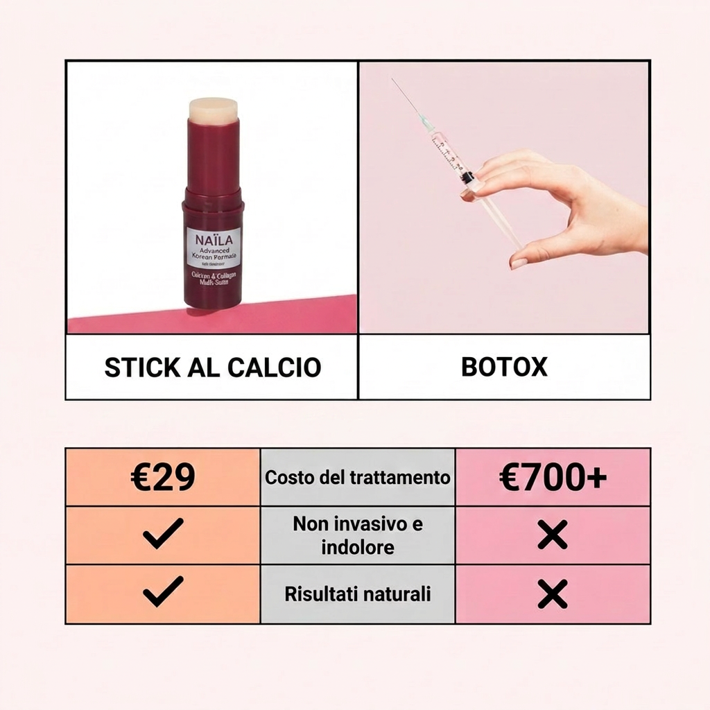 Calcium stick and syringe with a table comparing cost, pain, and natural results