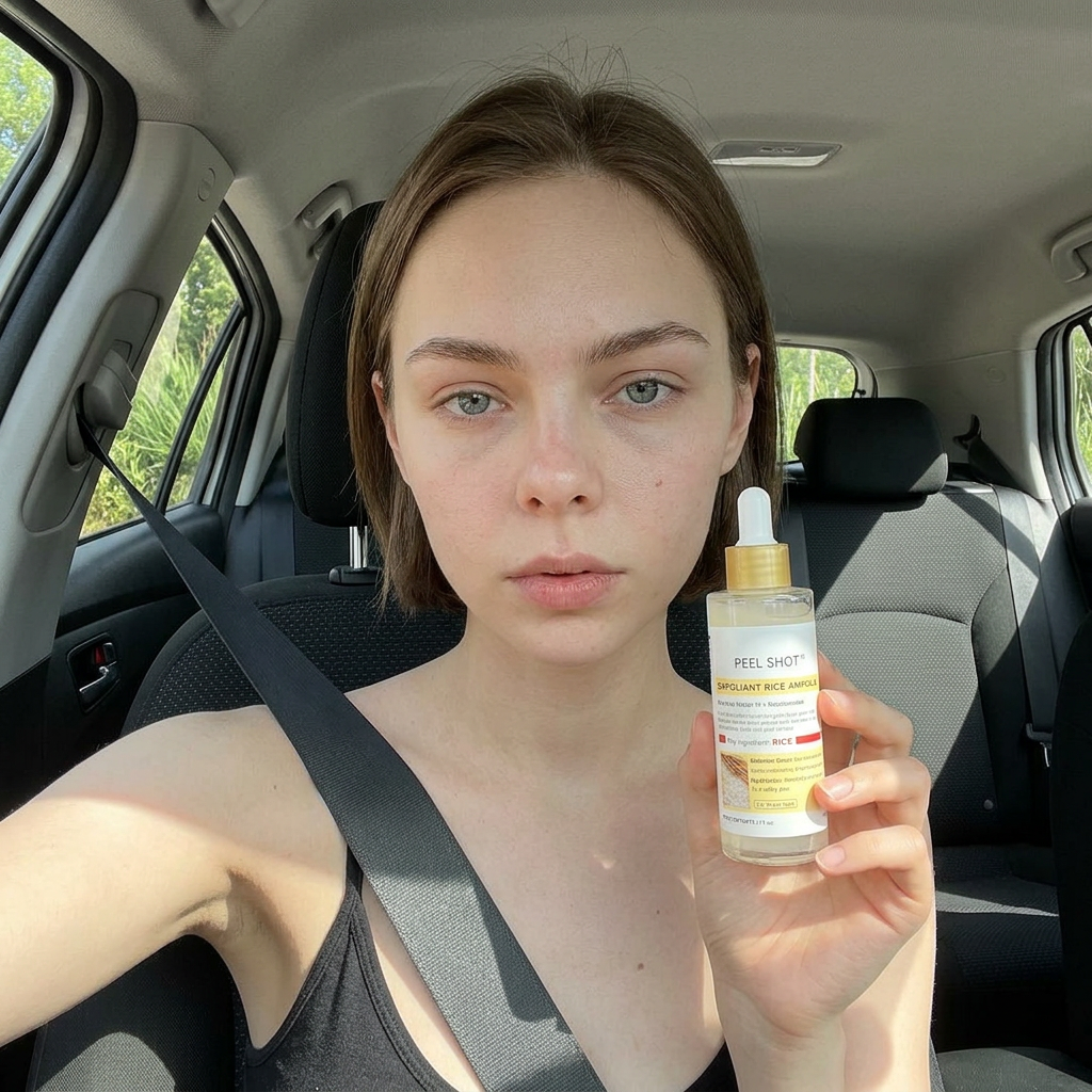 Young person with light skin and short hair in a car holding a skincare serum bottle