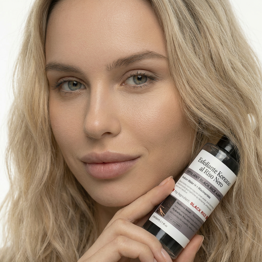 Close-up of a woman with blonde hair holding an exfoliant bottle labeled black rice