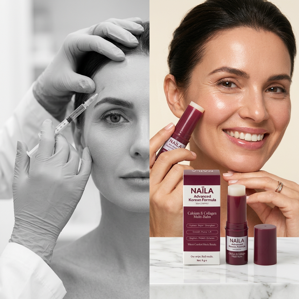 Left: Woman receiving a facial injection, right: Woman holding and smiling with skincare balm
