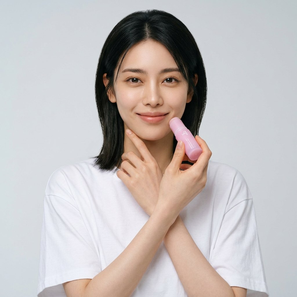 Smiling woman in white shirt holding a pink cosmetic bottle near her face