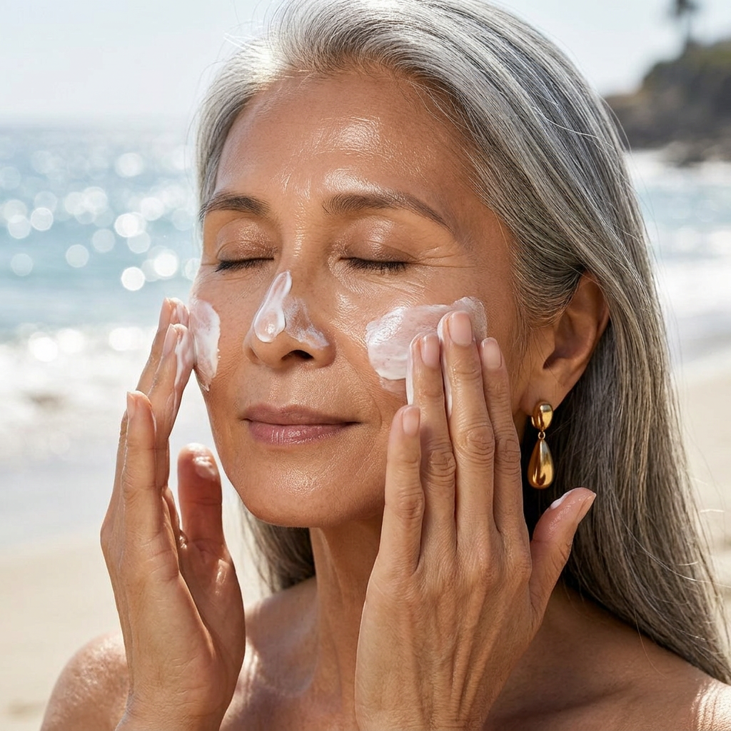 Mature woman with gray hair applying sunscreen to her face near ocean with eyes closed