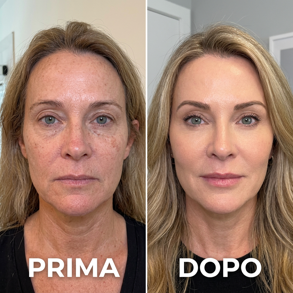 Side-by-side photos of a woman before and after facial skin improvement treatment