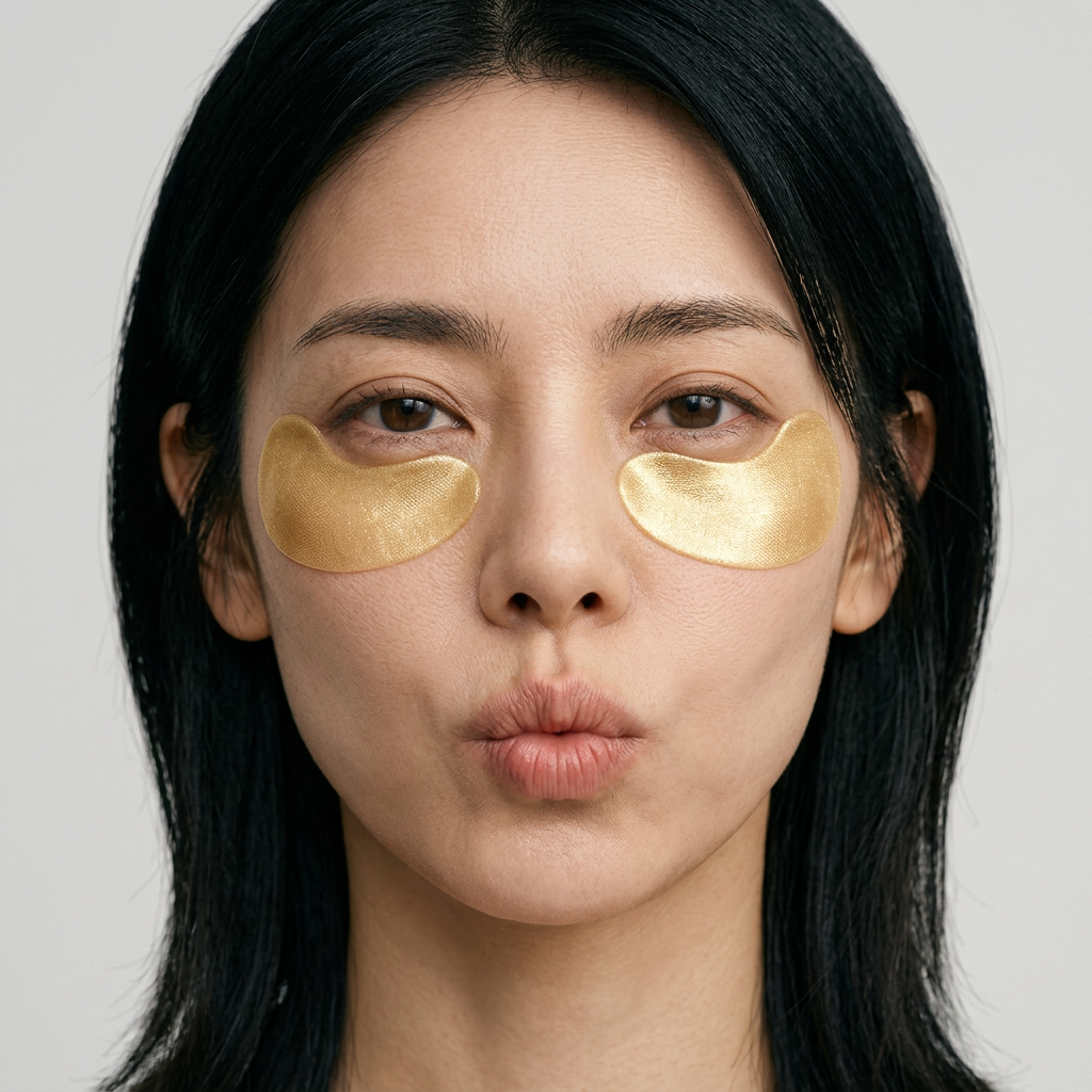 Close-up of woman with dark hair wearing gold under-eye patches and puckering lips