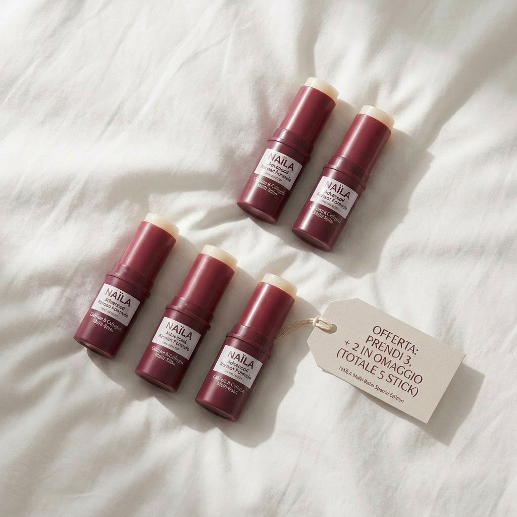 Five maroon lip balm sticks arranged on a white cloth with an offer tag in Italian