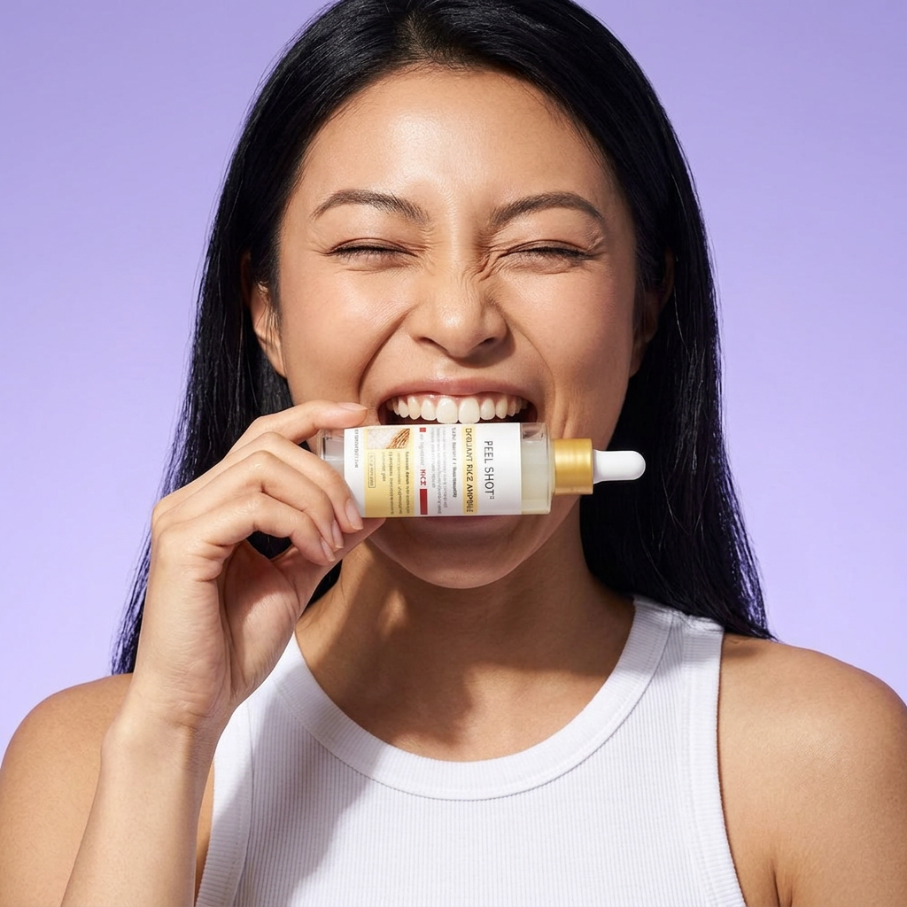 Woman holding a dropper bottle with white and yellow label near her mouth, smiling with eyes closed