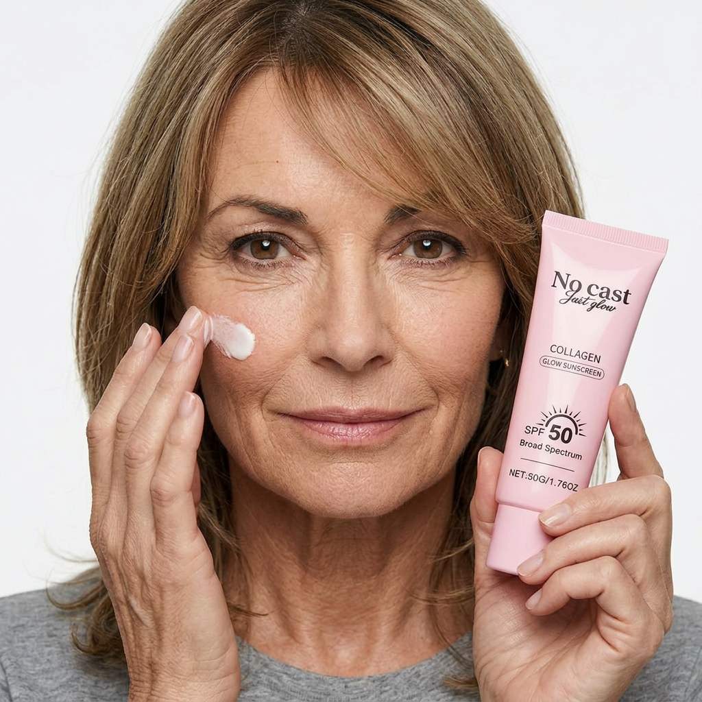 Middle-aged woman applying pink tube collagen glow sunscreen with SPF 50 on face