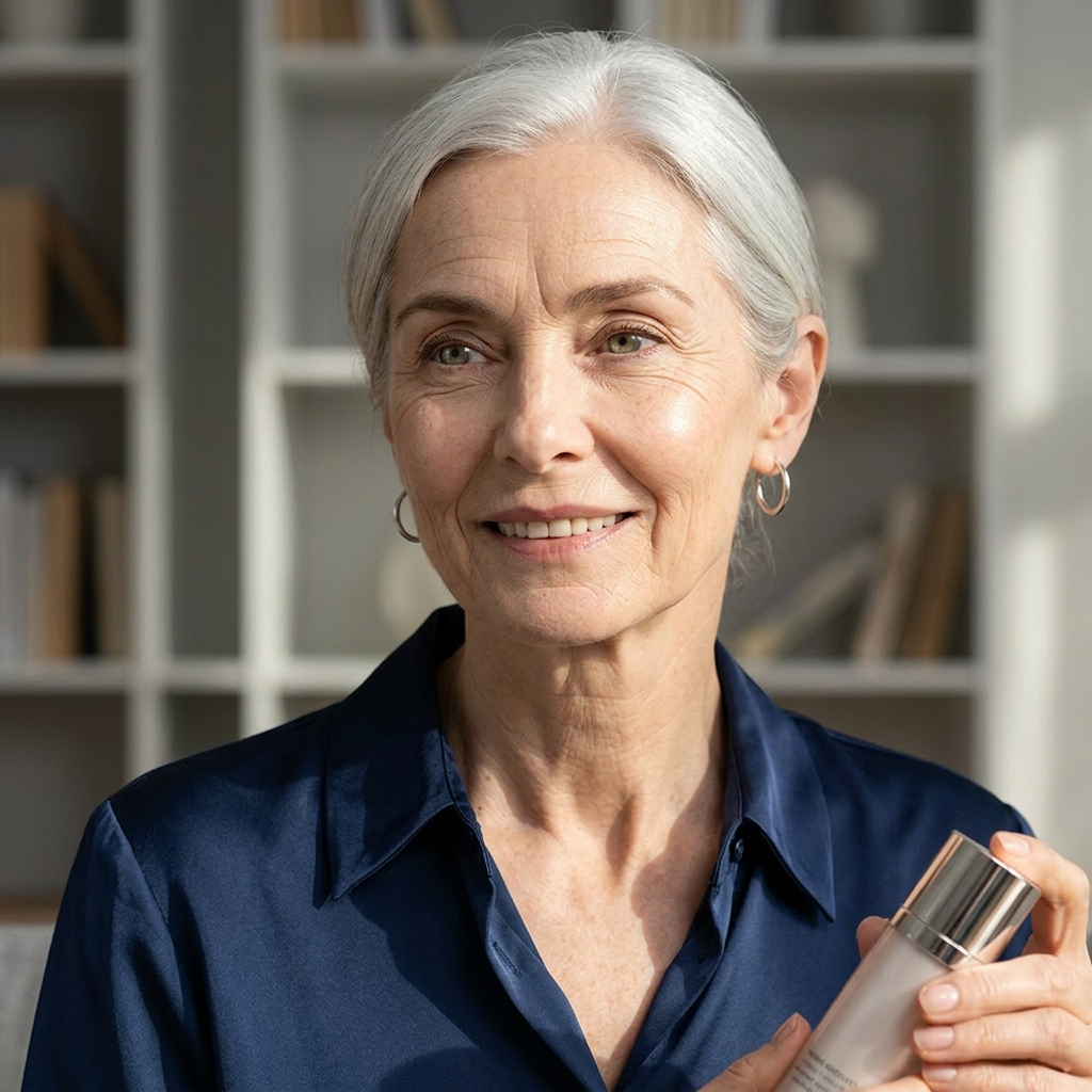 Smiling senior woman with gray hair holding a small cosmetic bottle indoors