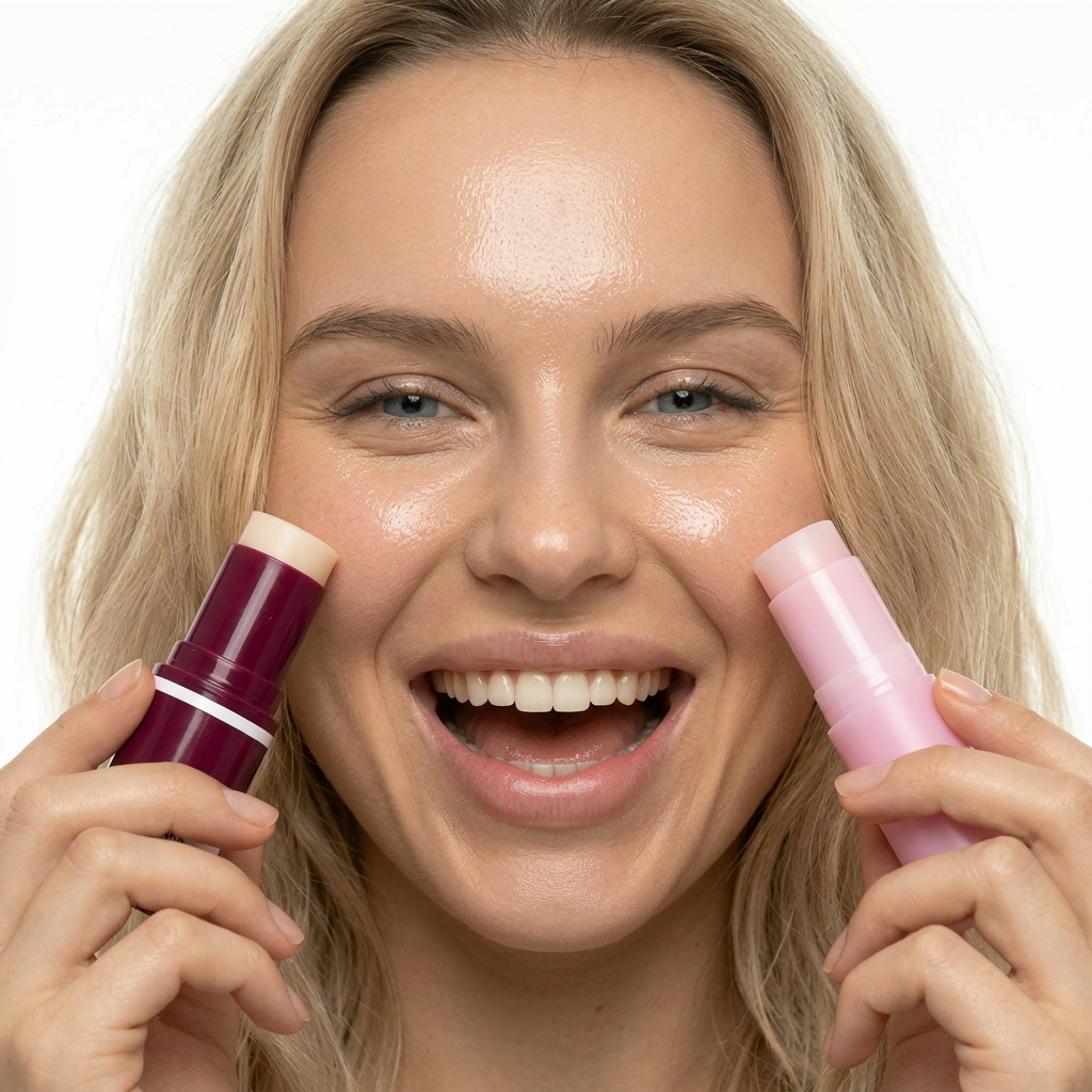 Close-up of a smiling woman with blonde hair holding two makeup sticks near her face