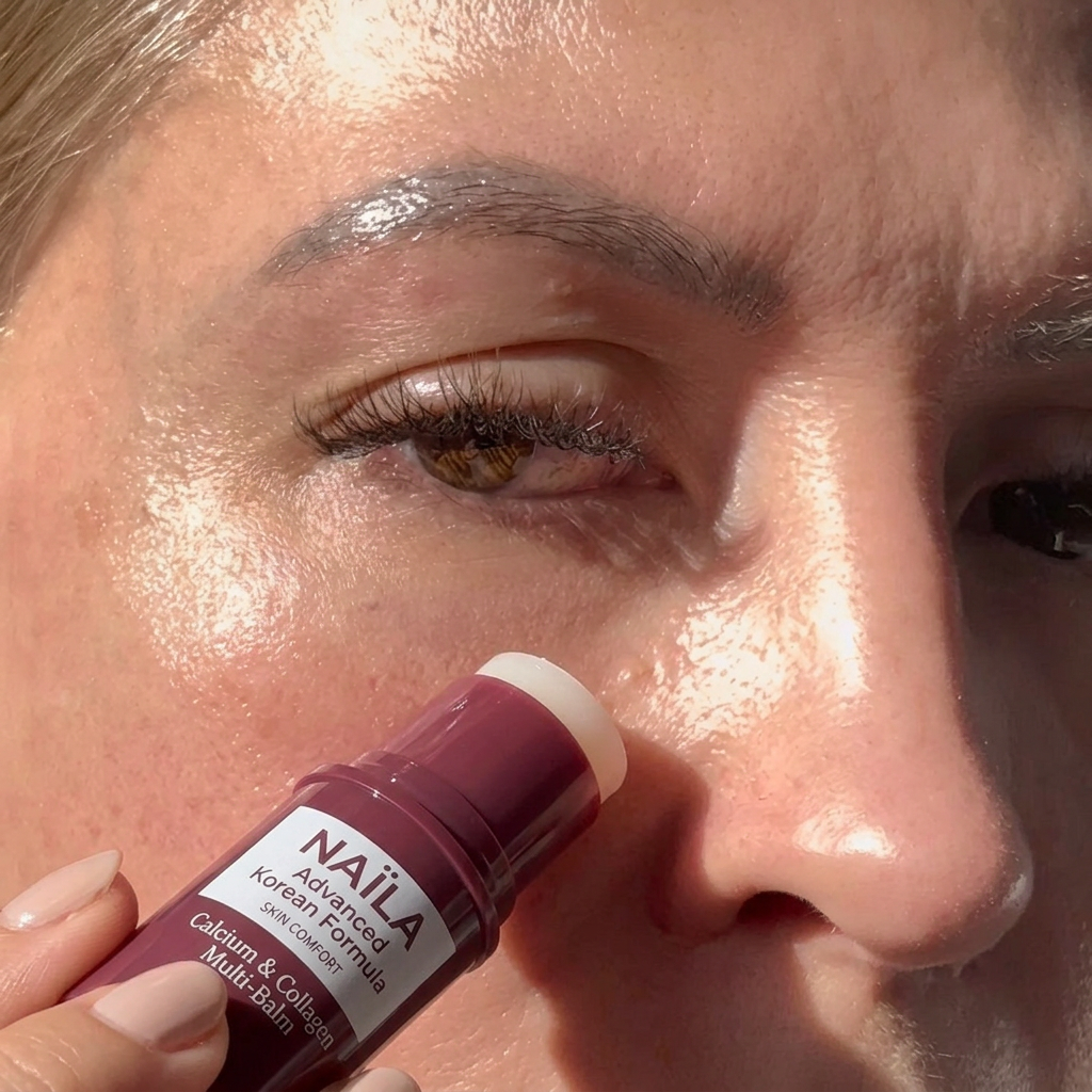 Close-up of woman holding and applying NAILA calcium and collagen multi-balm near her face