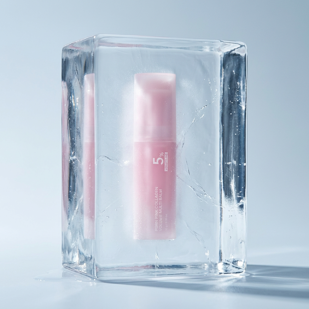 Pink lip balm tube frozen inside a large transparent ice block on a light background