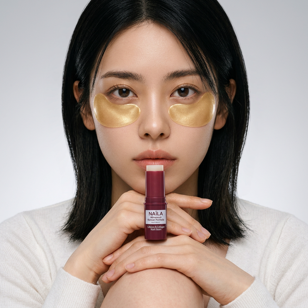Woman with black hair wearing gold under-eye masks holding a maroon lip balm container
