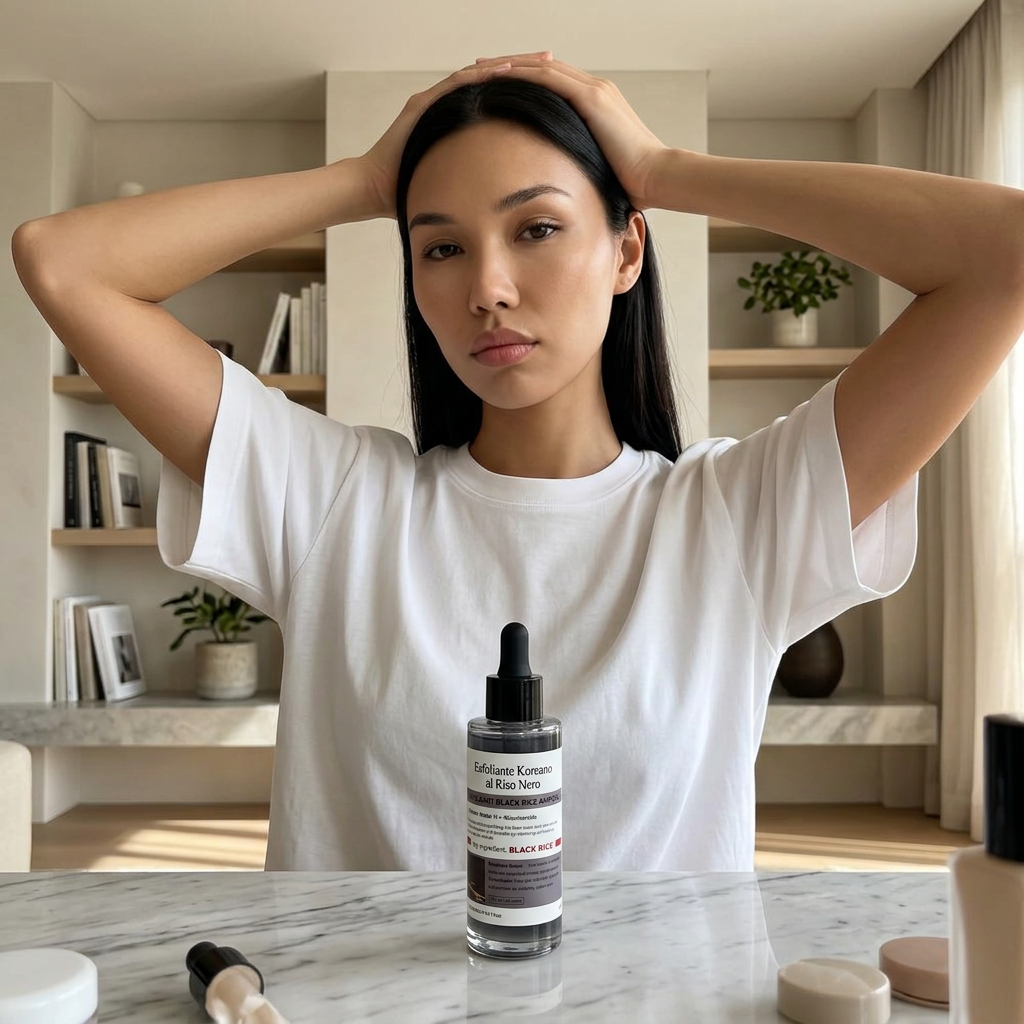 Woman with long dark hair and white t-shirt poses with hands on head behind a serum bottle on a marble table