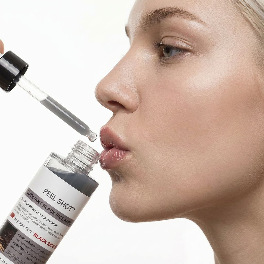 Close-up of woman holding and smelling a bottle of Peel Shot black rice serum with dropper