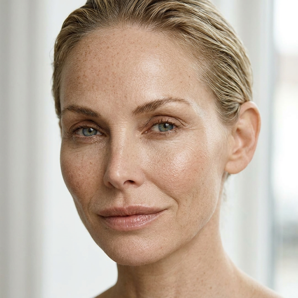 Close-up of a woman with light skin, blue eyes, and short blonde hair, neutral expression