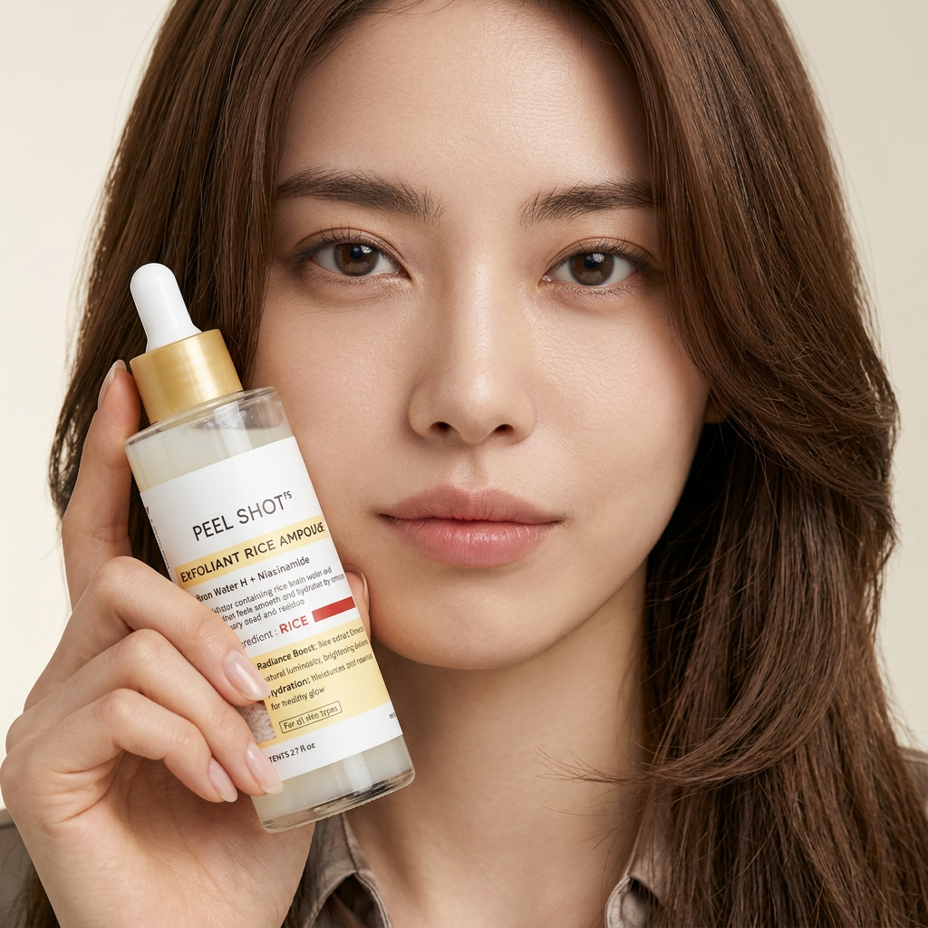 Close-up of a woman with clear skin holding a bottle of Peel Shot exfoliant rice ampoule