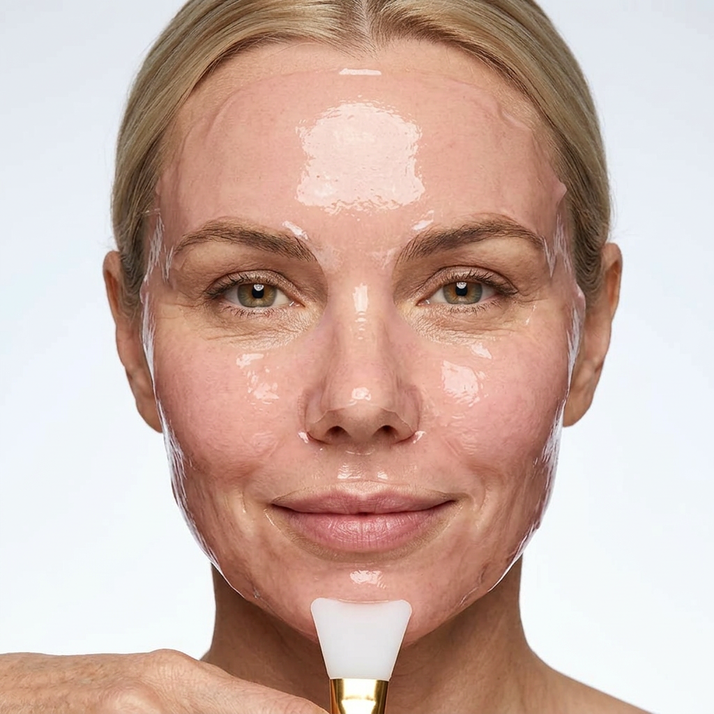 Woman with a translucent skincare mask on her face holding a brush near her chin