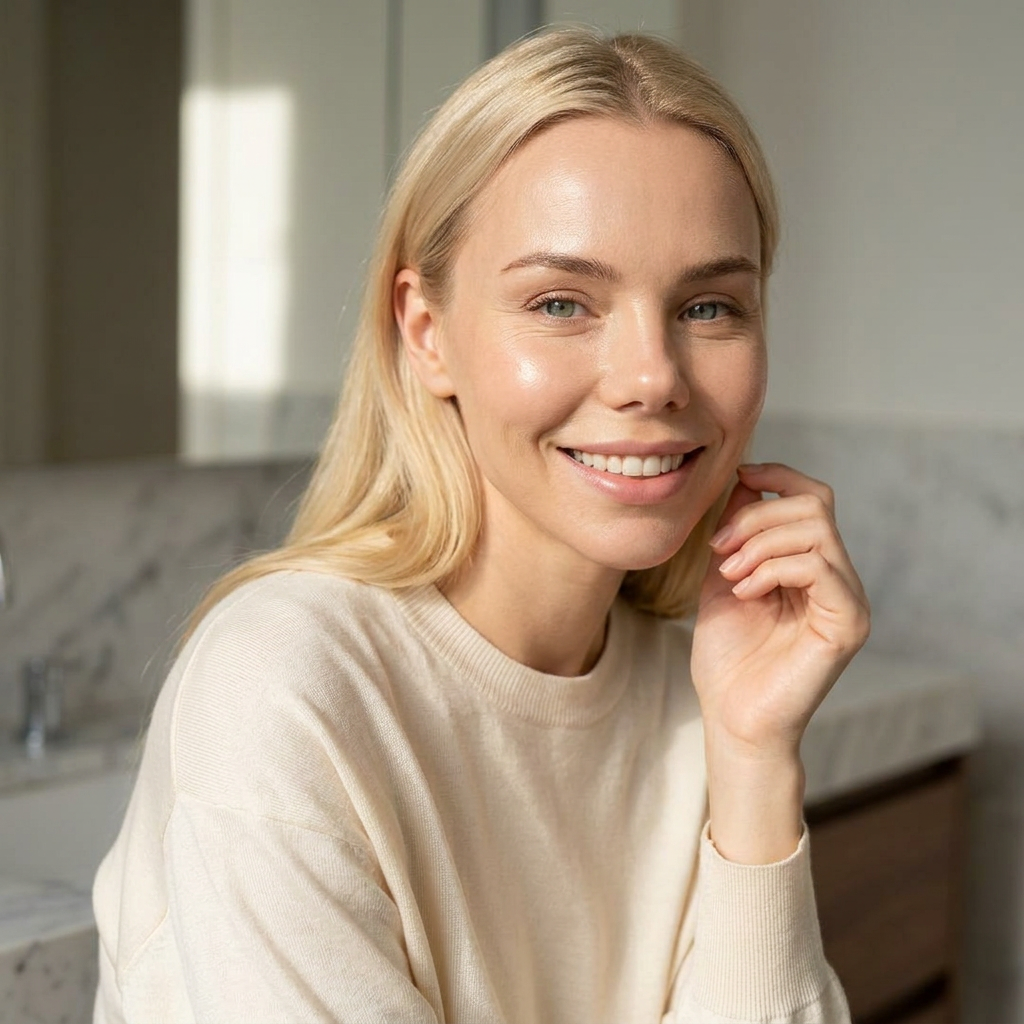 Blonde woman smiling, resting her hand on her face, indoors with marble background