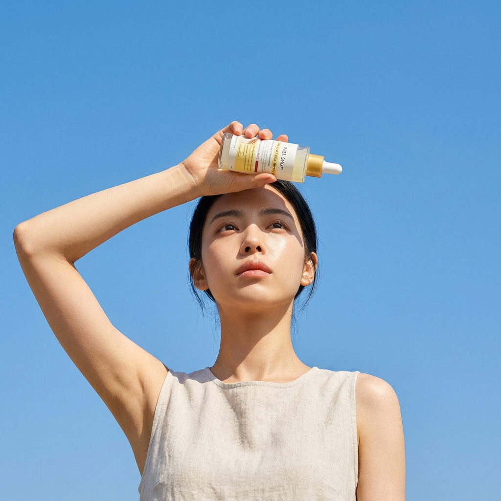 A woman in a beige top holding a skincare bottle against a clear blue sky