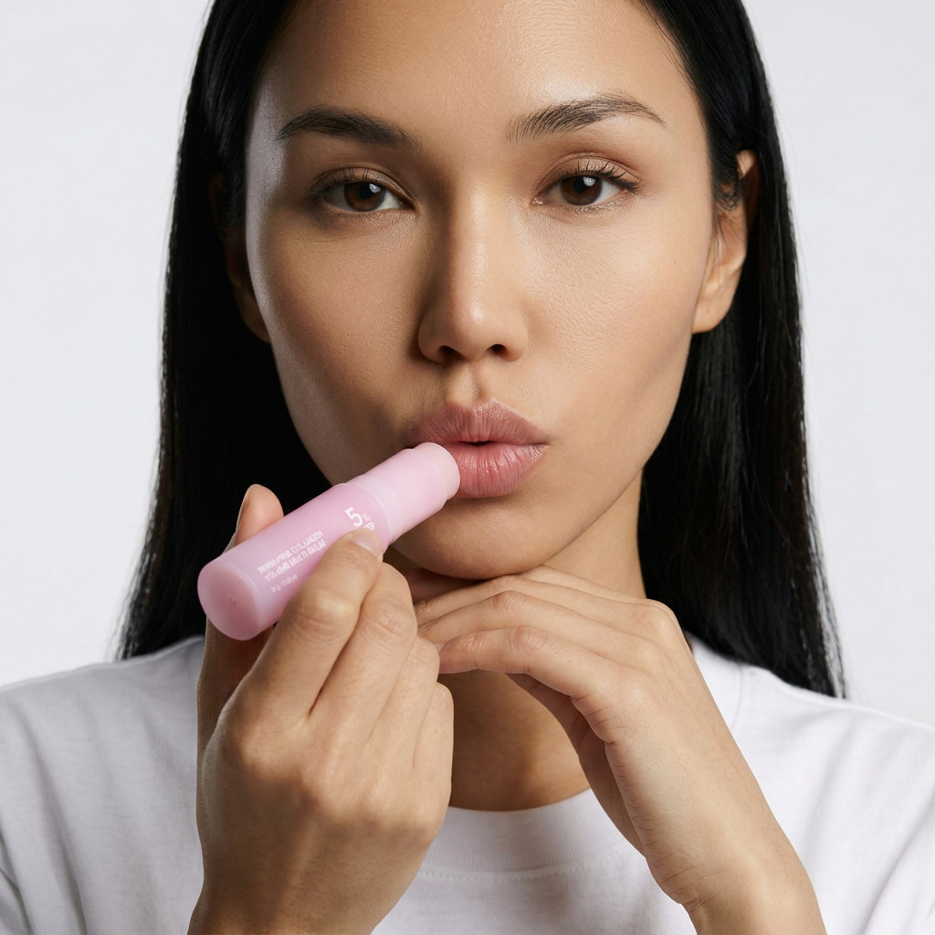 Close-up of a woman applying pink lip balm to her lips with one hand under her chin