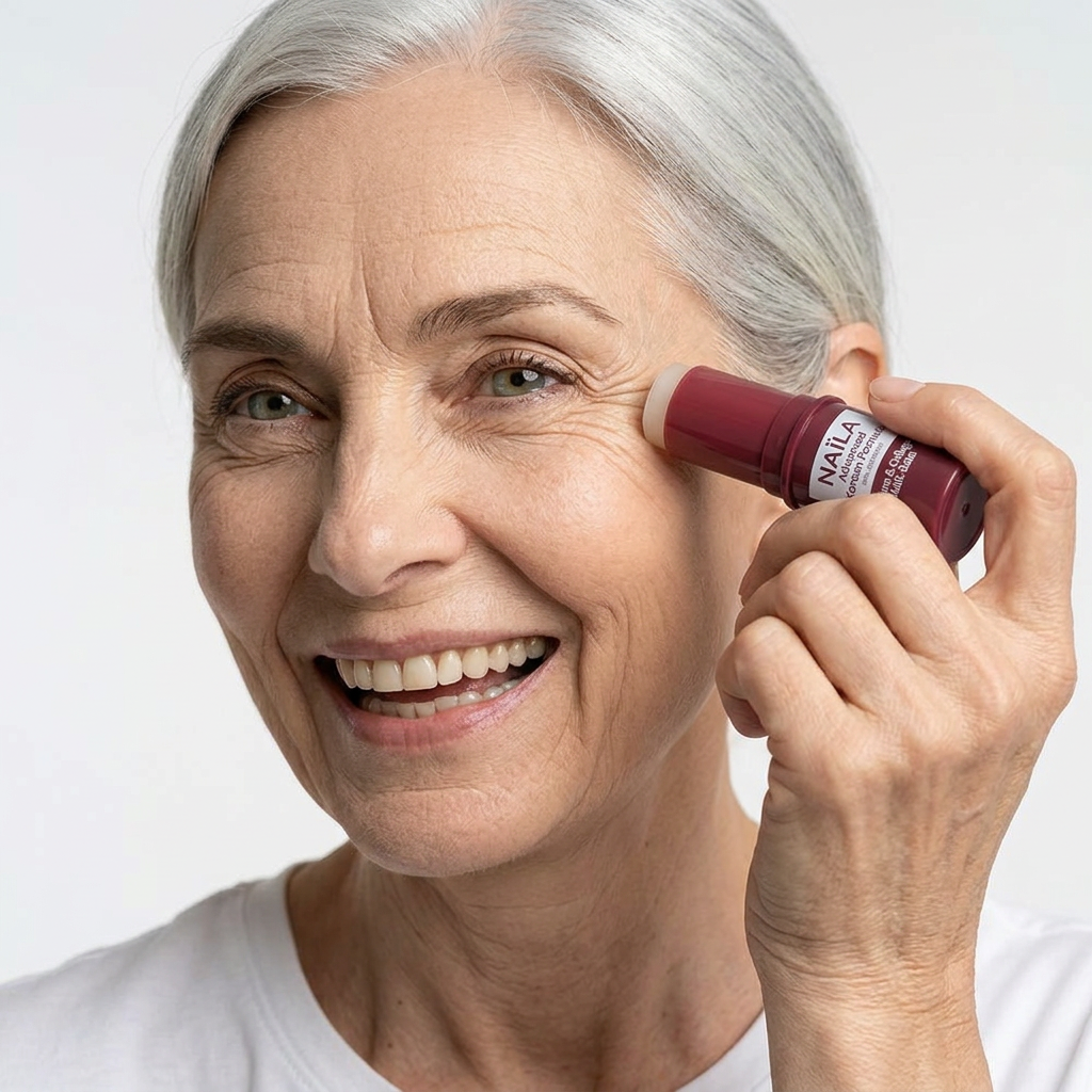 Smiling older woman with gray hair applying a red cream stick to her cheek