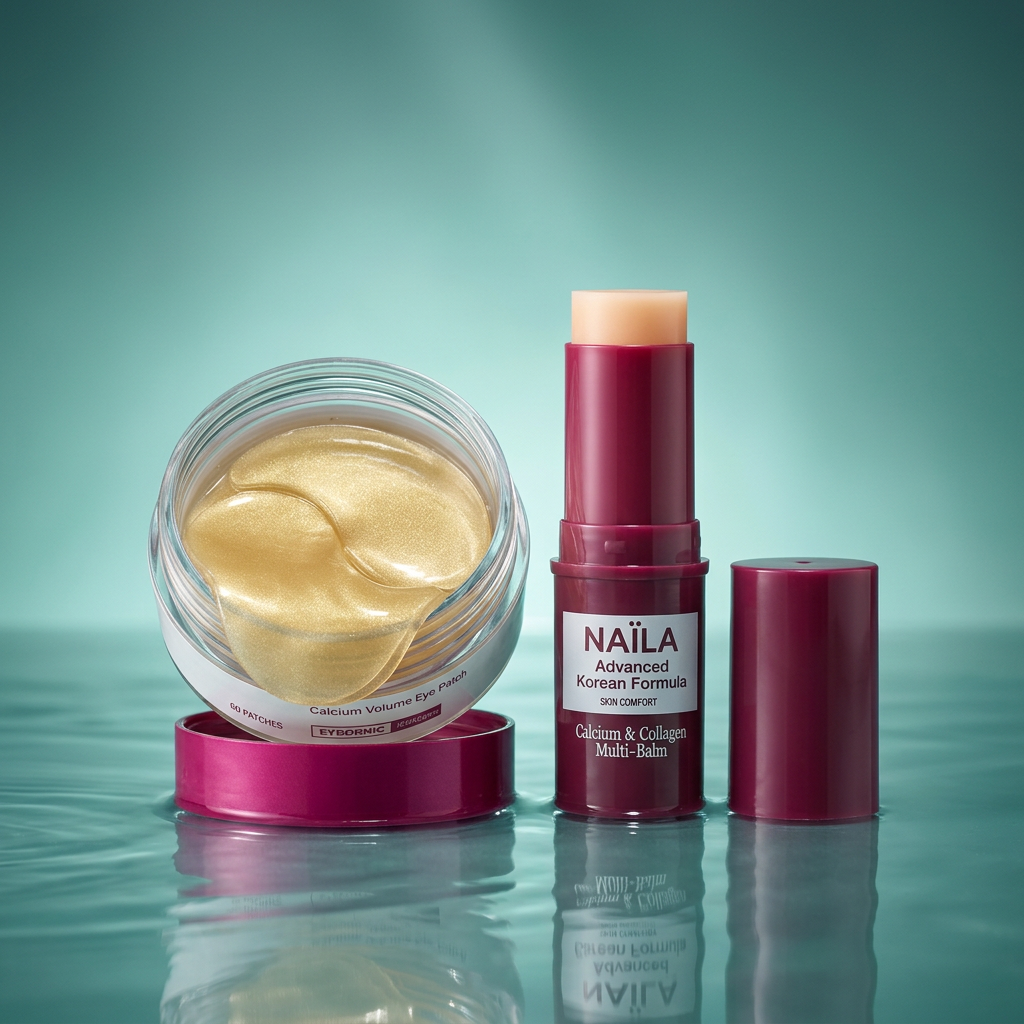 Open jar of gold eye patches and a stick of calcium and collagen multi-balm with burgundy packaging
