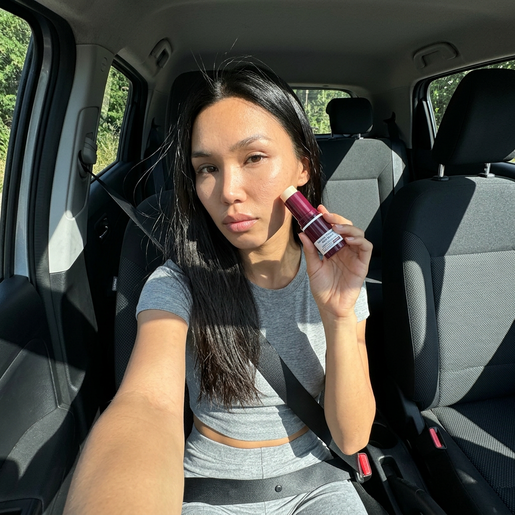 Young woman in gray outfit sitting in car holding a small bottle of skincare product