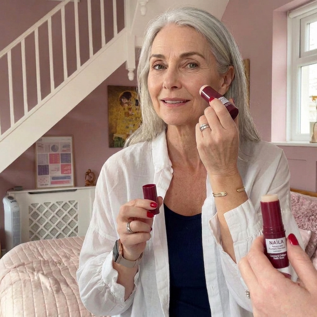 Older woman using a makeup stick while looking in a mirror in a softly lit room