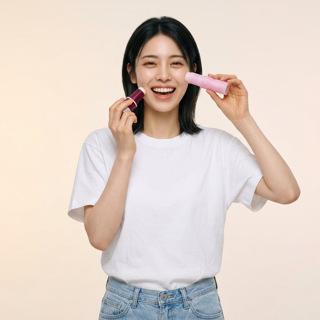 Woman in white shirt holding two pink cosmetic bottles near her face, smiling
