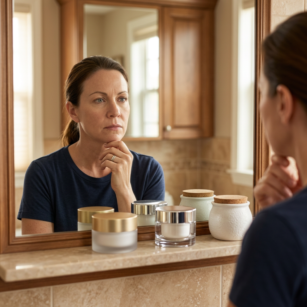 A woman in a navy shirt looking thoughtfully at herself in a bathroom mirror.