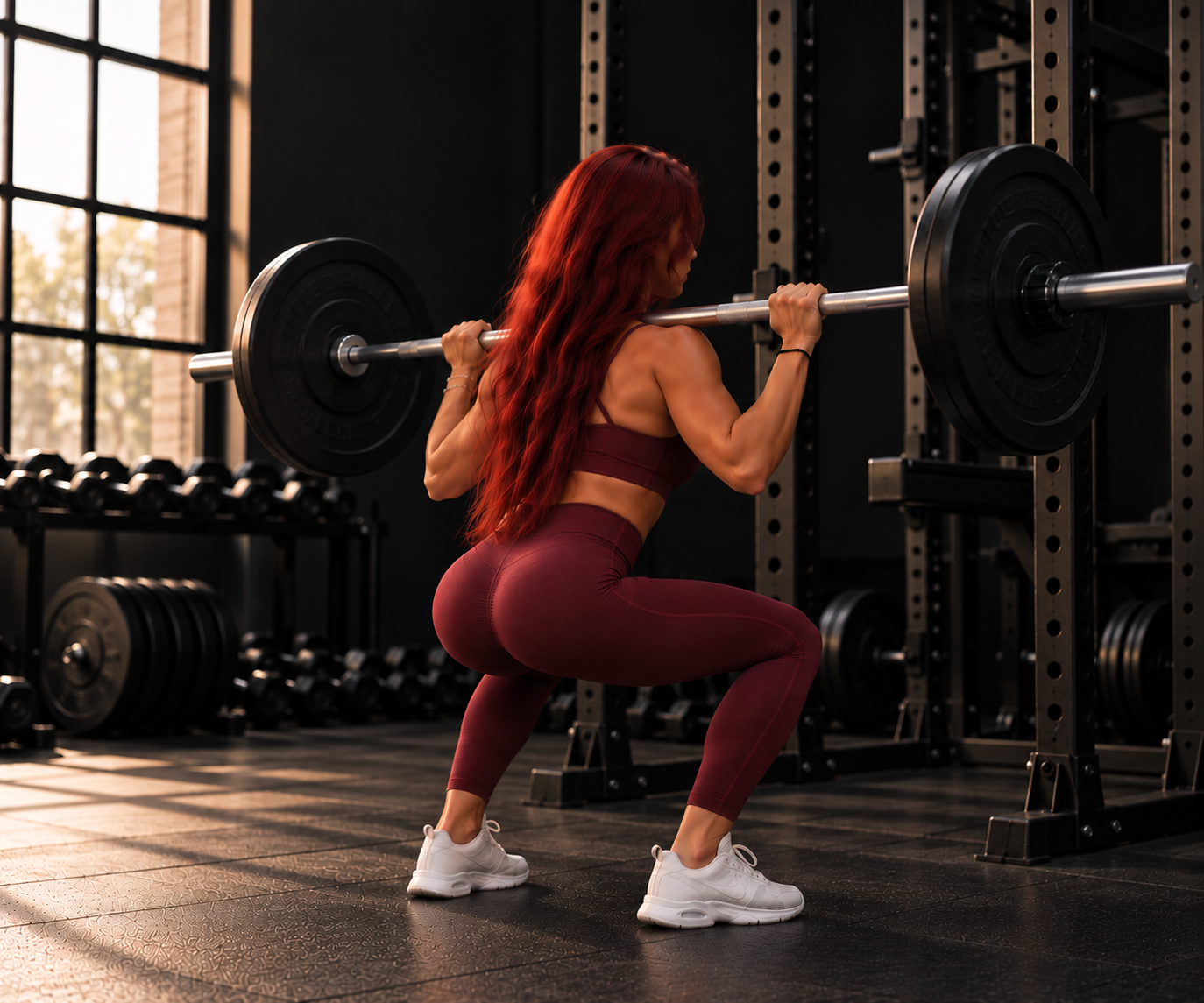 Charlotte Svenningsen med langt rødt hår i bordeaux træningstøj set bagfra, mens hun tager squats med vægtstang i et mørkt fitnesscenter