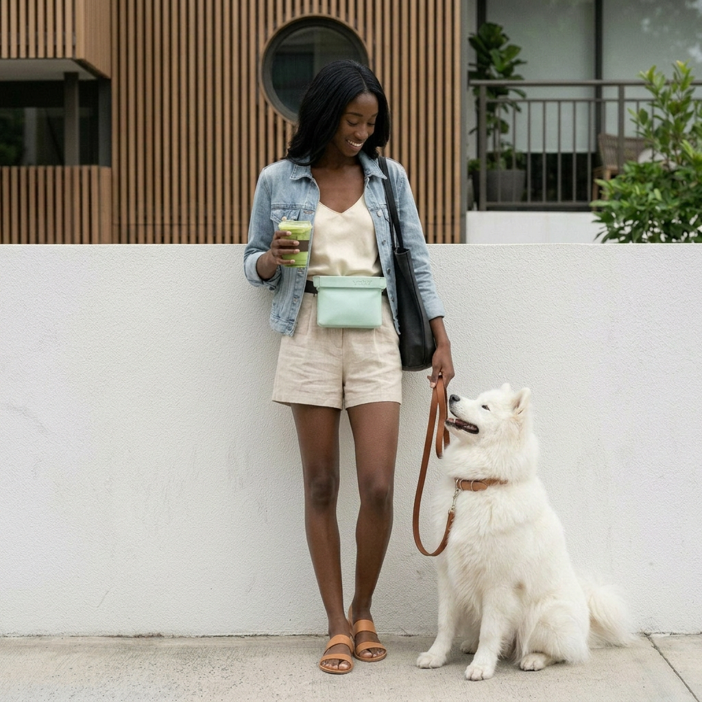 A woman in shorts and denim jacket holding a green drink and leash, standing next to a white fluffy dog.