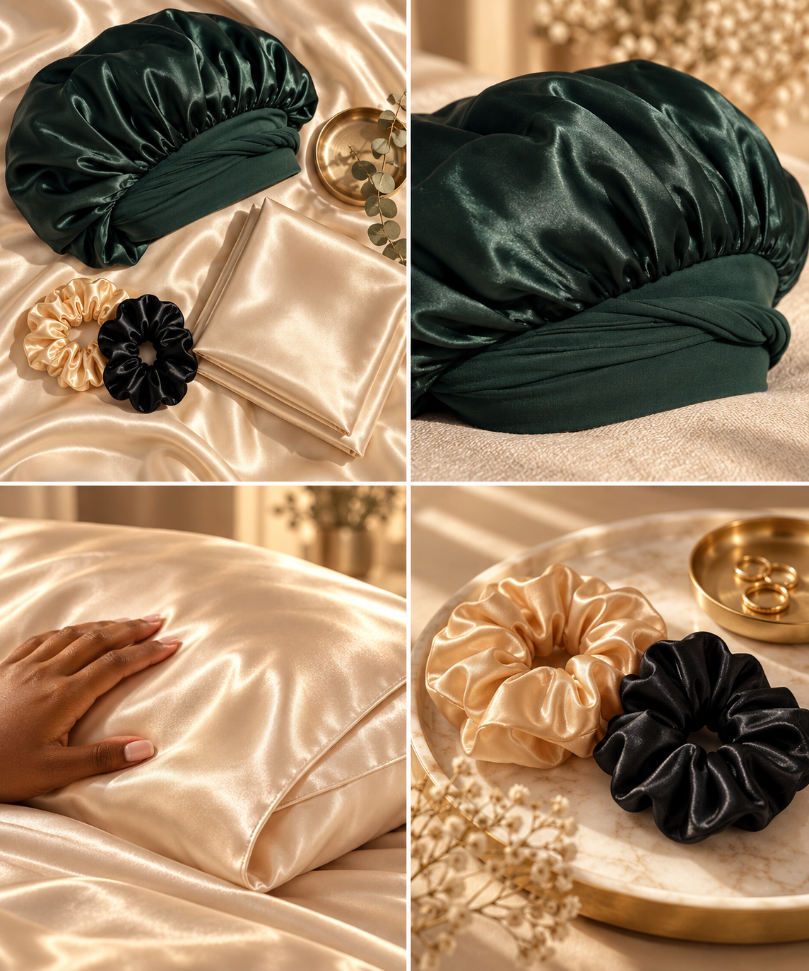Black satin bonnet, champagne satin pillowcase and satin scrunchies laid out on linen