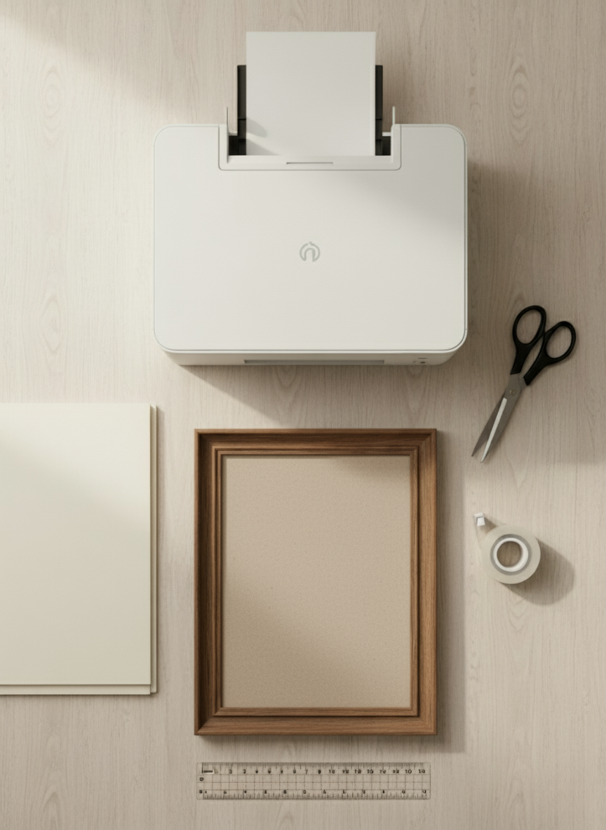 Printer, paper, frame and scissors laid out for printing a digital download at home